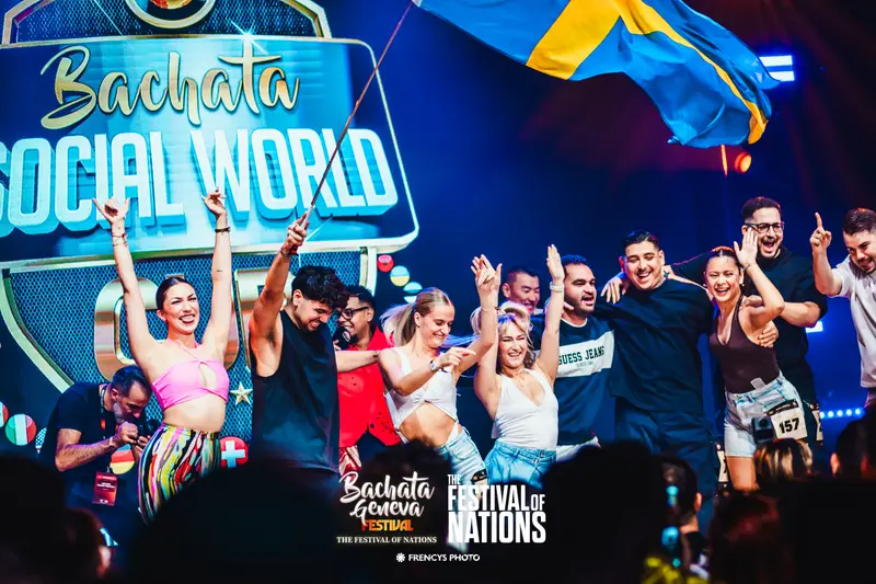 The Swedish delegation cheering on stage